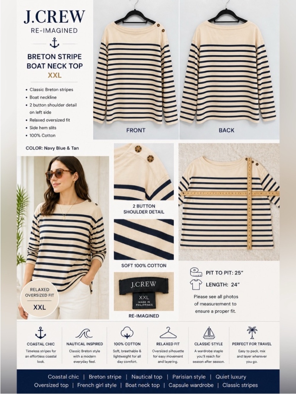 J.Crew women’s  sz XXL Re-Imagined Breton Stripe Boat Neck Top  Coastal Navy Tan